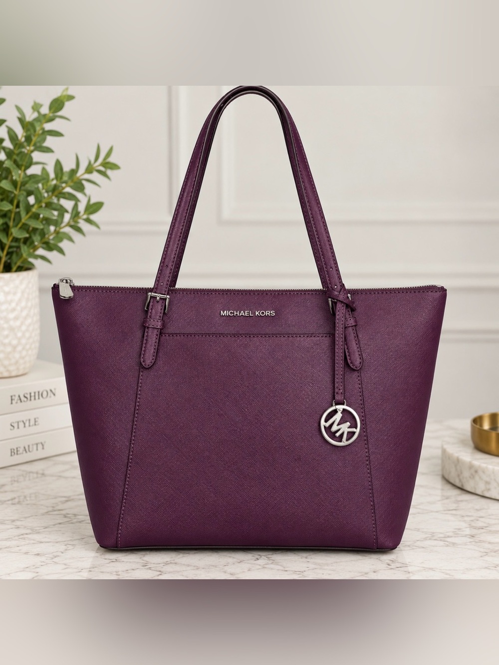 Michael Kors Plum Purple Saffiano Leather Tote Bag Silver Hardware MK Charm